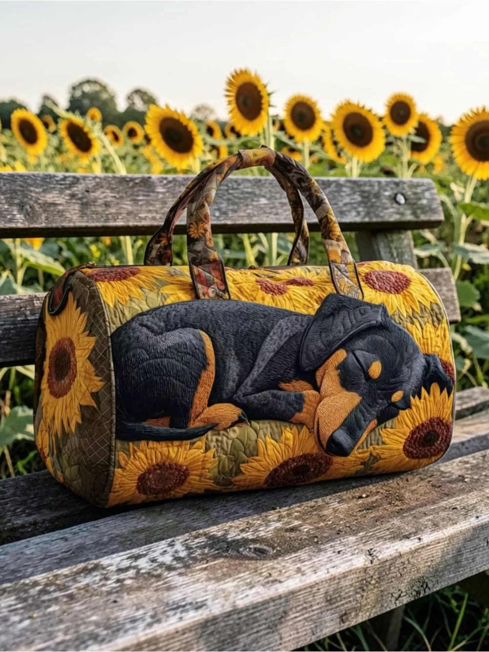 Dachshund Quilted Duffle Bag Sunflower Dog Mom Weekender Overnight Travel Tote